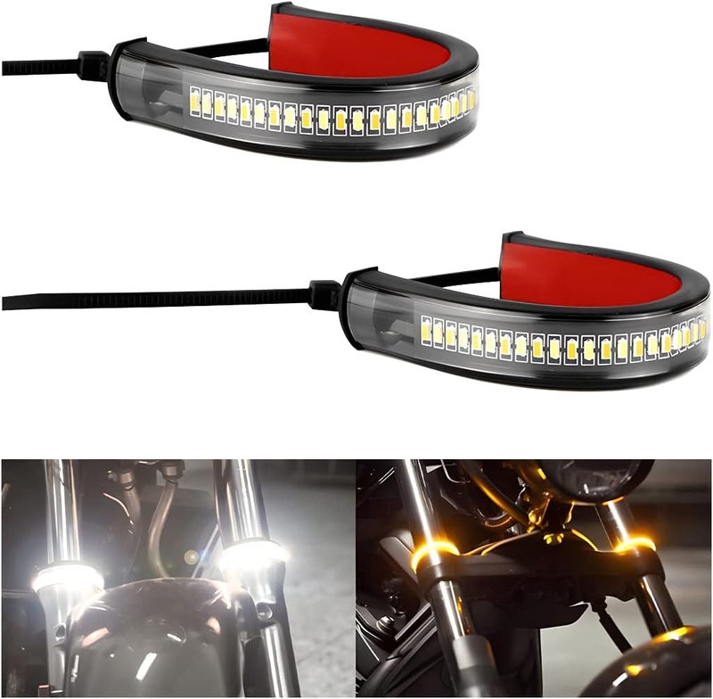 zipelo 2PCS Motorcycle LED Turn Signal Light, Flexible Switchback Dual-Color White & Amber Fork Turn Signal Blinkers, DRL Daytime Running Light Waterproof Adjustable Strips Bars for Motorbike - Image 1